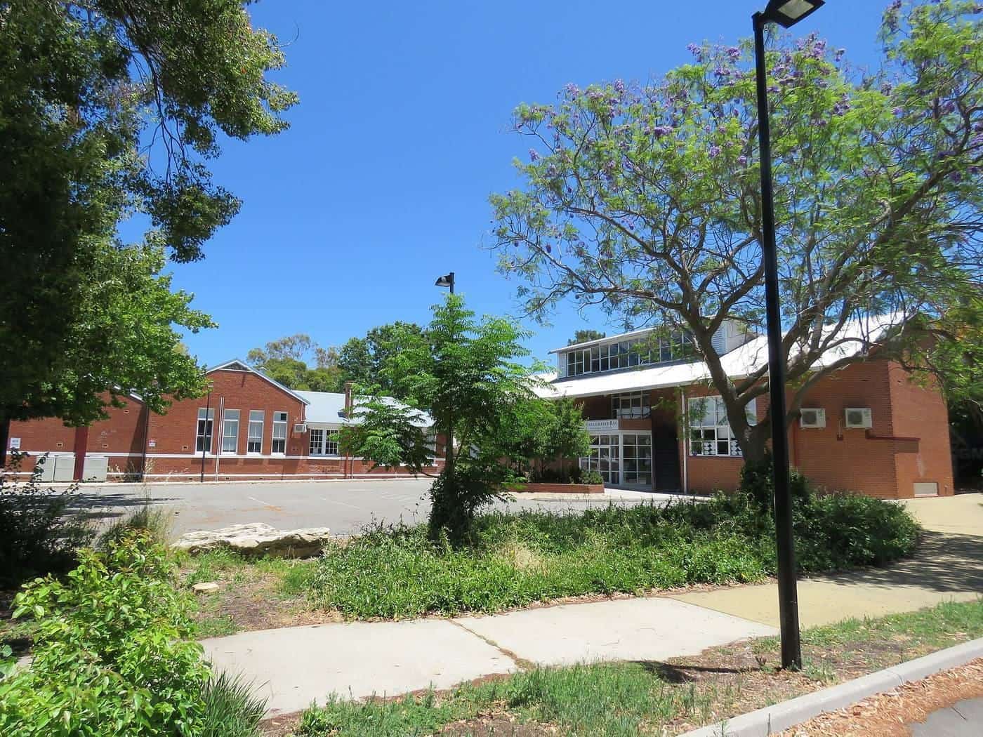 Brick school buildings and a tree-lined path on a sunny day